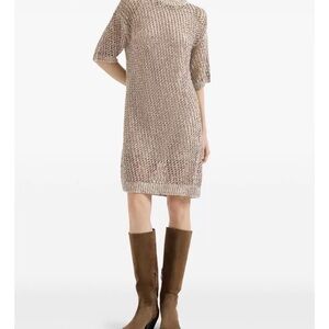 Brunello Cucinelli Open-Knit Midi Dress in Taupe